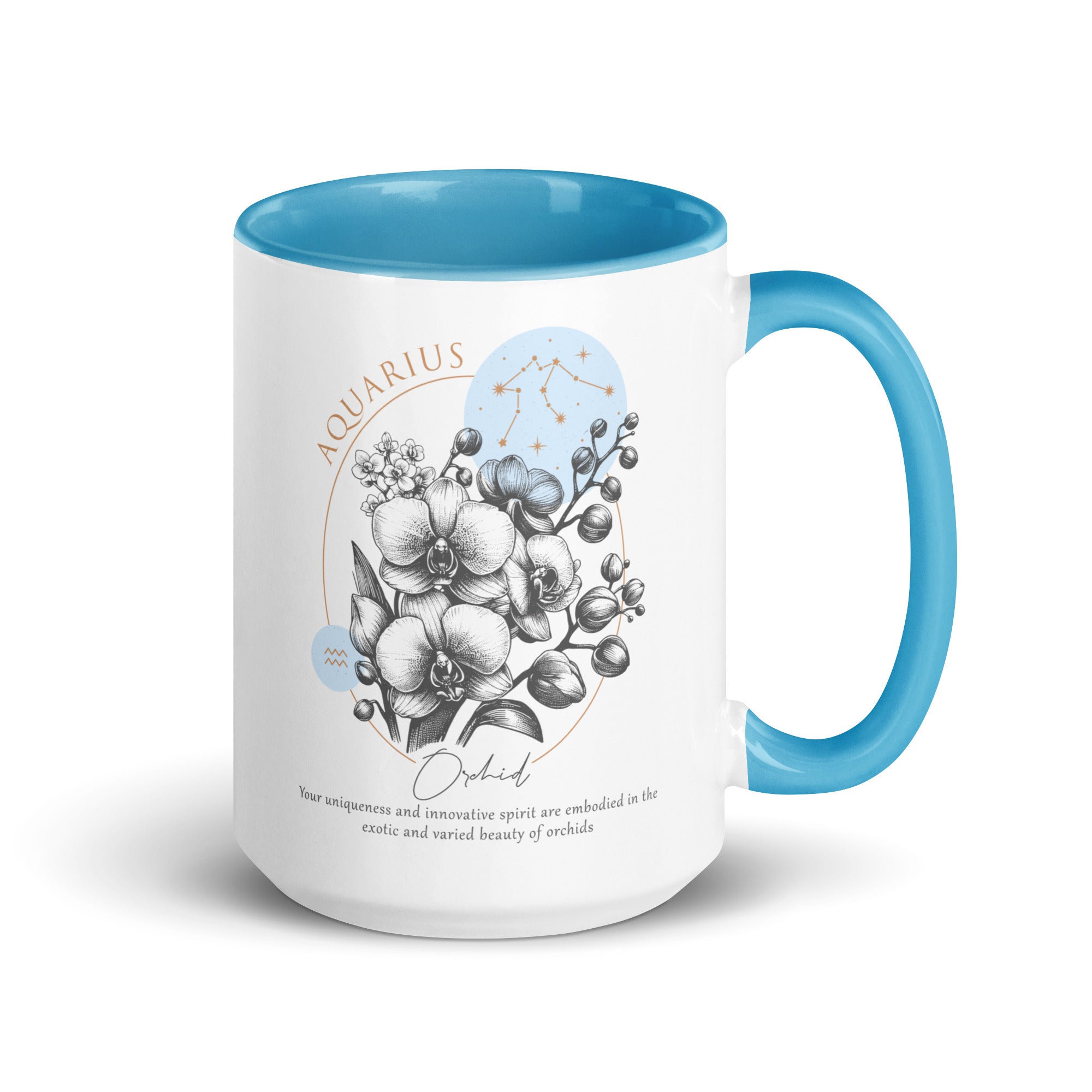 Aquarius Zodiac Orchid Birth Flower 15 oz Mug with Blue Handle - https://ascensionemporium.net